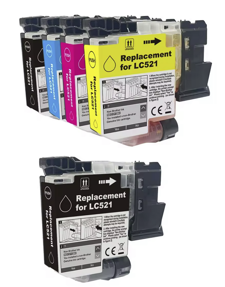 Compatible Brother LC-521 Ink Cartridges full Set of 4 & EXTRA BLACK (2 x Black,1 x Cyan,Magenta,Yellow)